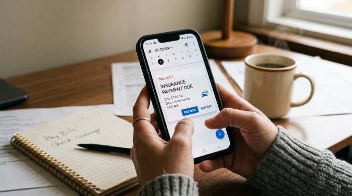 Person setting insurance payment reminder on smartphone to prevent lapse