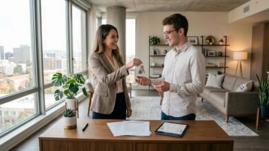 Original tenant giving apartment keys to new subtenant with lease documents