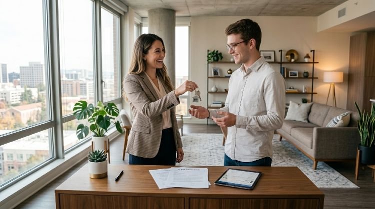 Original tenant giving apartment keys to new subtenant with lease documents