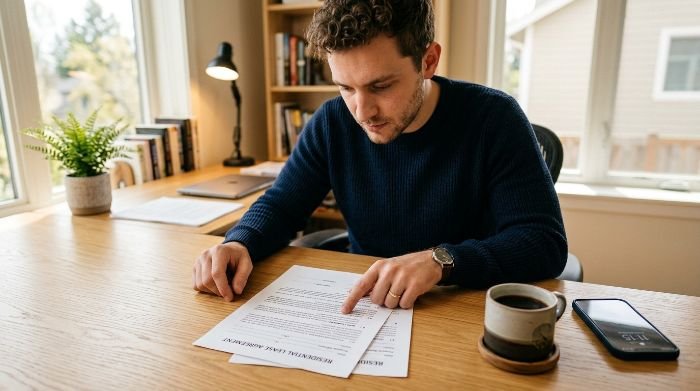 Person carefully reading apartment lease subletting clause at desk with documents