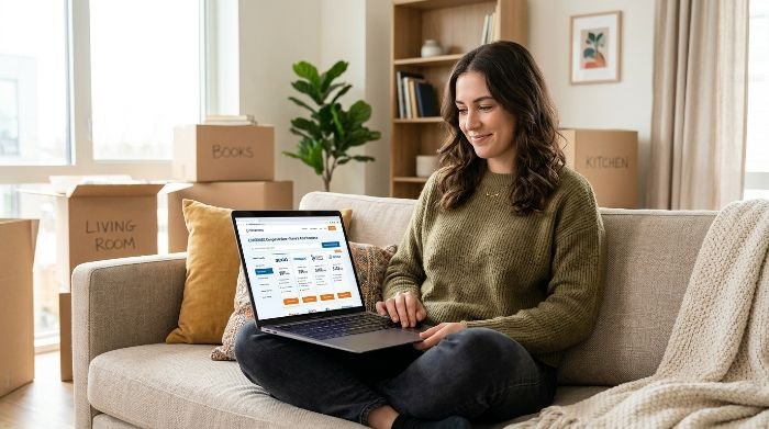 Young adult woman comparing renters insurance policy options for sublet on laptop