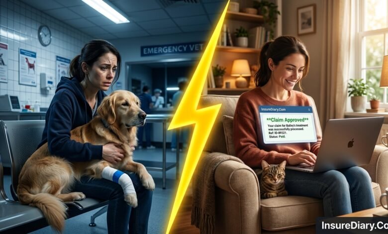 Accident vs comprehensive pet insurance comparison showing worried vs relieved pet owner