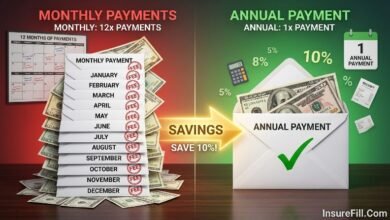 Visual comparison showing annual versus monthly insurance payment options with dollar bills and calendar highlighting cost differences