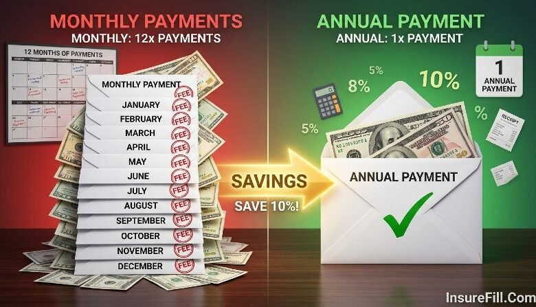 Visual comparison showing annual versus monthly insurance payment options with dollar bills and calendar highlighting cost differences