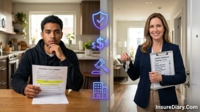 Young tenant reviewing lease insurance requirements with landlord in modern apartment setting