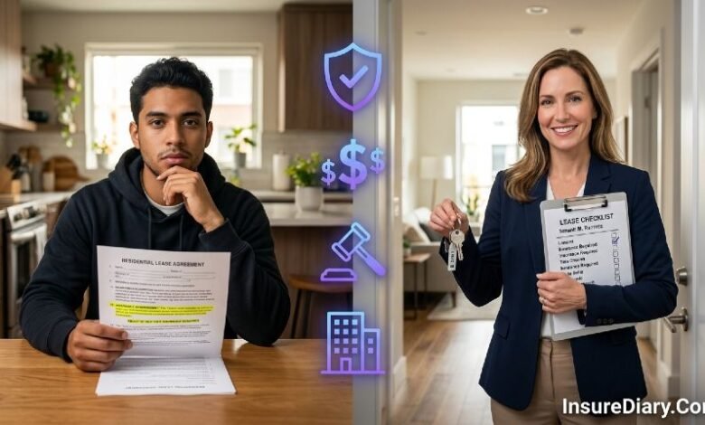 Young tenant reviewing lease insurance requirements with landlord in modern apartment setting