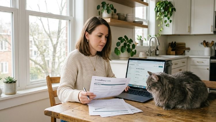 Woman comparing pet insurance plan options for indoor cat at kitchen table