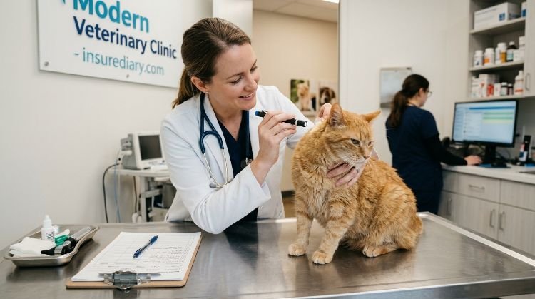 Veterinarian examining senior indoor cat during wellness checkup