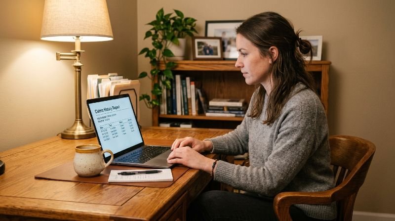 Person reviewing insurance CLUE report document on laptop at home desk