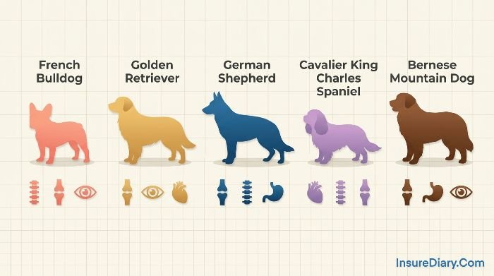 Common hereditary health conditions in popular purebred dog breeds infographic