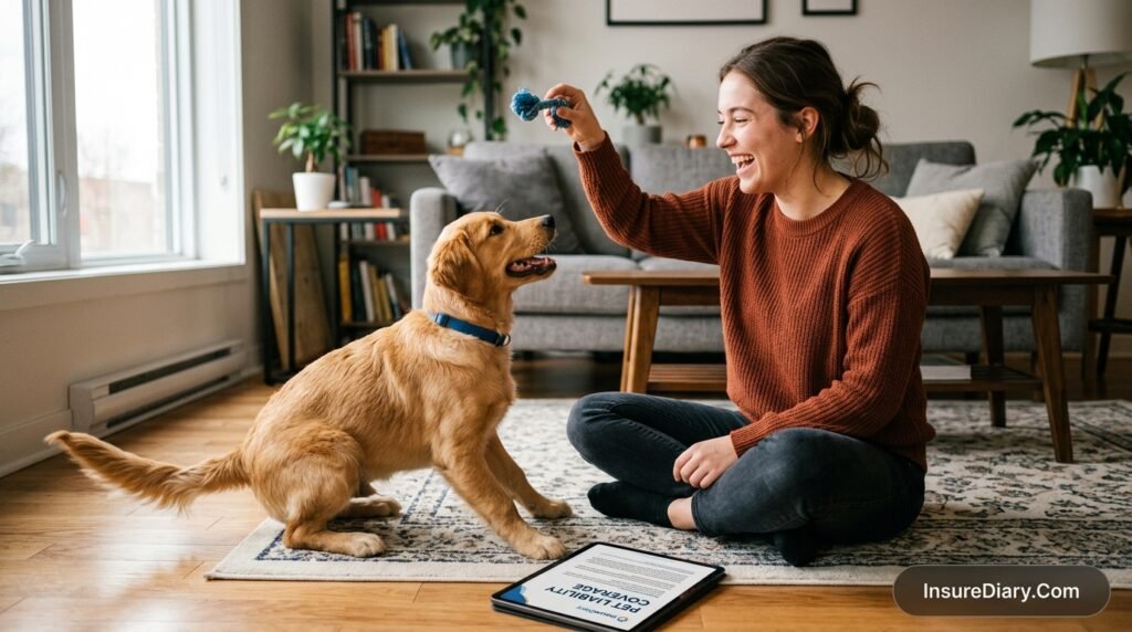 Happy dog owner in apartment with pet understanding insurance liability requirements