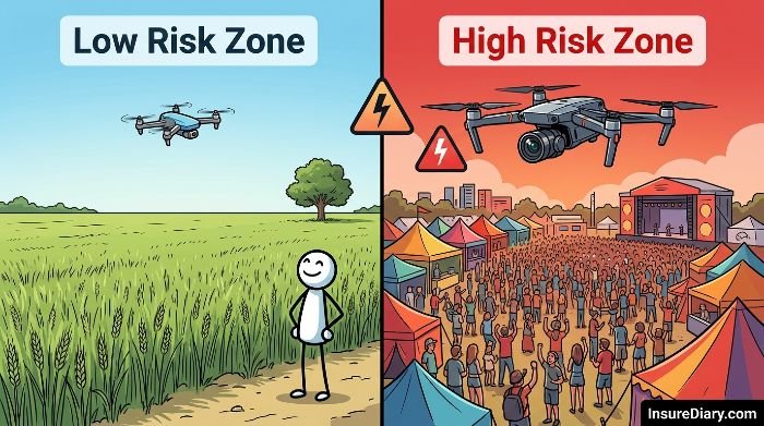 Split image comparing low risk empty field drone flight versus high risk crowded event flight