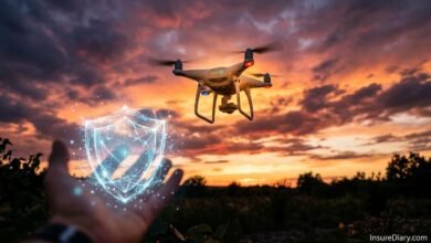 Recreational drone hovering at sunset with insurance protection shield concept