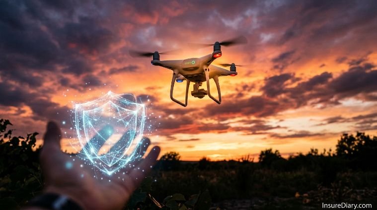 Recreational drone hovering at sunset with insurance protection shield concept