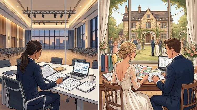 Corporate event planner and wedding couple reviewing event insurance options together