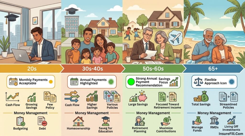 Different life stages from young adult to retirement showing optimal insurance payment strategies for each phase