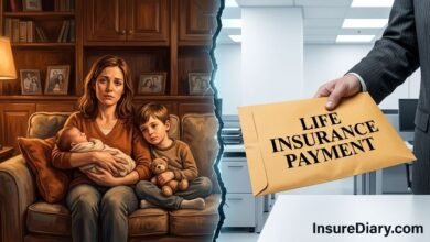 Ex-spouse receiving life insurance check while family watches helplessly after divorce