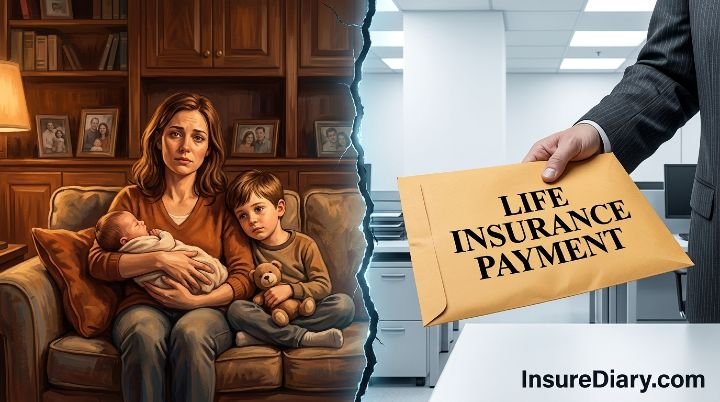 Ex-spouse receiving life insurance check while family watches helplessly after divorce