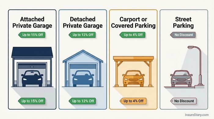 Four parking types diagram showing insurance discount percentages for each garage type