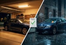 Car in warm garage versus damaged car on rainy street showing insurance cost difference