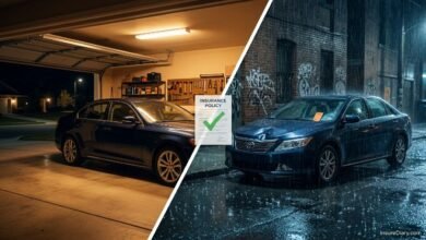 Car in warm garage versus damaged car on rainy street showing insurance cost difference
