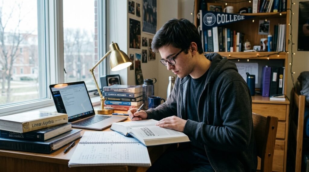 College student studying with books showing good student insurance discount concept