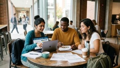 International students reviewing health insurance options together at US university