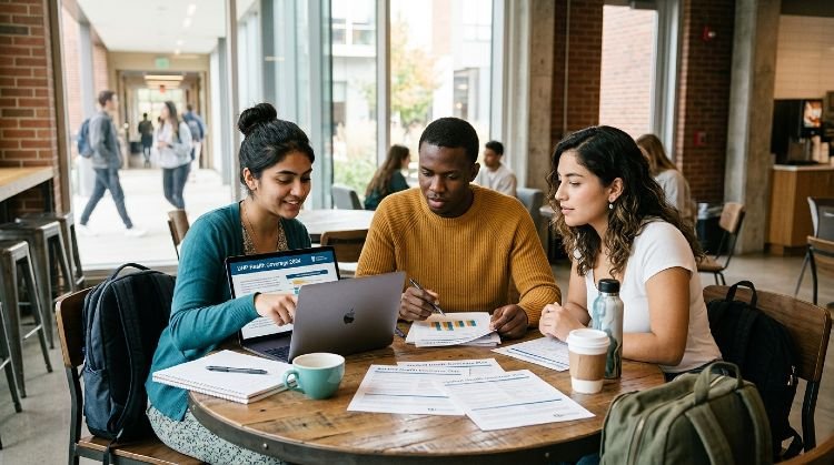 International students reviewing health insurance options together at US university