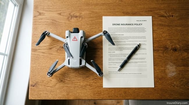 Hobby drone placed next to insurance policy document on wooden table