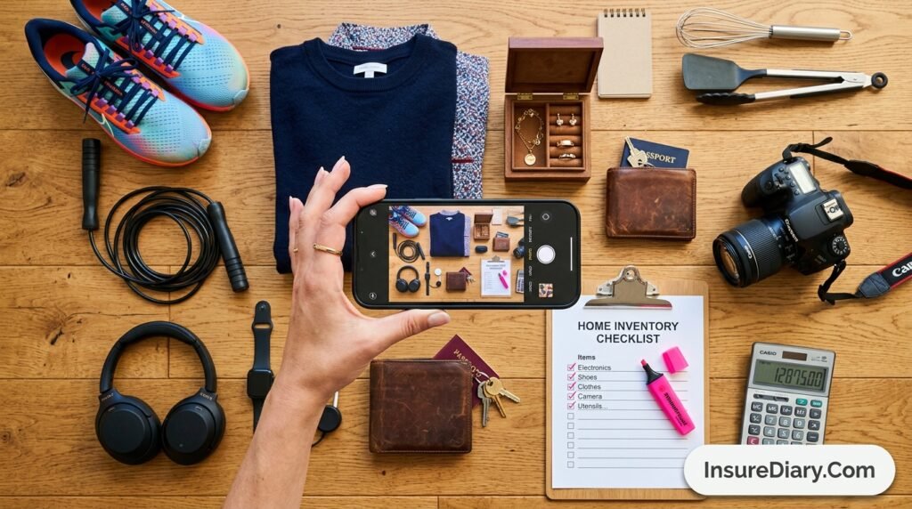 Renter creating detailed home inventory with smartphone and clipboard