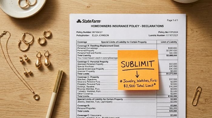 Homeowners insurance document showing low jewelry sublimit coverage amount