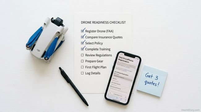 Drone insurance buying checklist with drone pen and smartphone on white surface