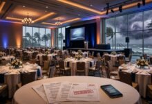Empty corporate conference venue with hurricane storm visible through floor to ceiling windows representing event cancellation insurance need
