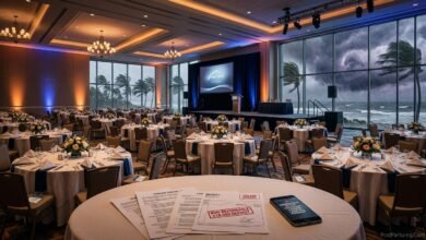 Empty corporate conference venue with hurricane storm visible through floor to ceiling windows representing event cancellation insurance need