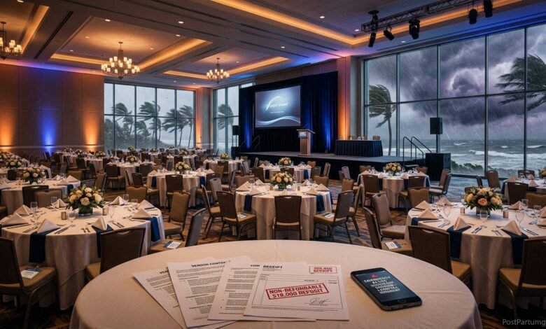 Empty corporate conference venue with hurricane storm visible through floor to ceiling windows representing event cancellation insurance need