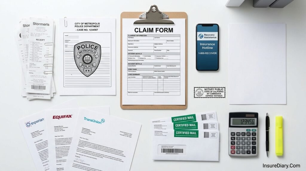 Organized documentation needed for filing identity theft insurance claim including receipts and reports