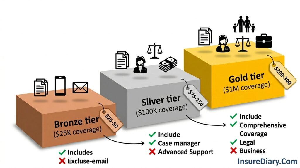 Three-tier comparison chart of identity theft insurance coverage levels from basic to premium