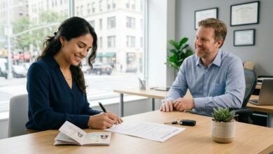 New immigrant signing first car insurance policy at US agency desk