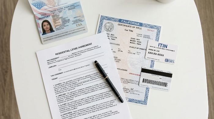 Organized documents needed for car insurance application as new US immigrant