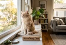 Fluffy indoor cat sitting by window representing pet insurance for indoor cats