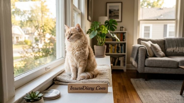 Fluffy indoor cat sitting by window representing pet insurance for indoor cats