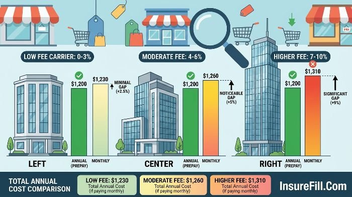 Side-by-side comparison chart showing different insurance companies' installment fee structures and pricing approaches