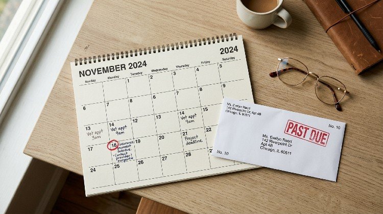 Calendar showing missed insurance payment date with overdue notice