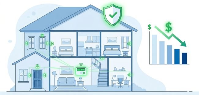 Home security system reducing insurance risk and premium costs