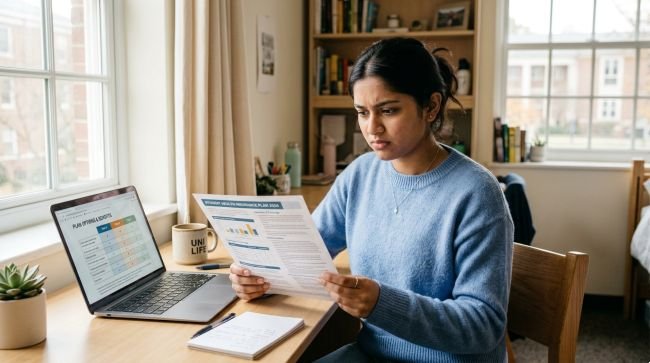 International student reading health insurance documents at US university desk