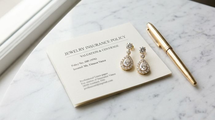 Diamond earrings beside insurance policy document on marble surface