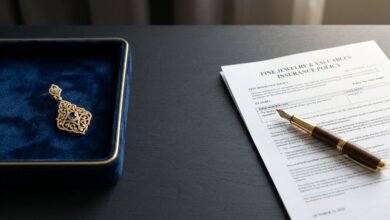 Single gold earring on velvet tray beside open insurance policy document