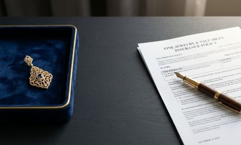 Single gold earring on velvet tray beside open insurance policy document