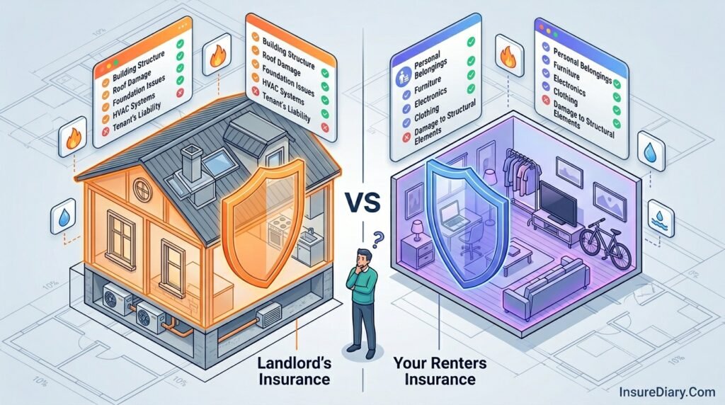Side-by-side comparison showing what landlord insurance covers versus renters insurance protection
