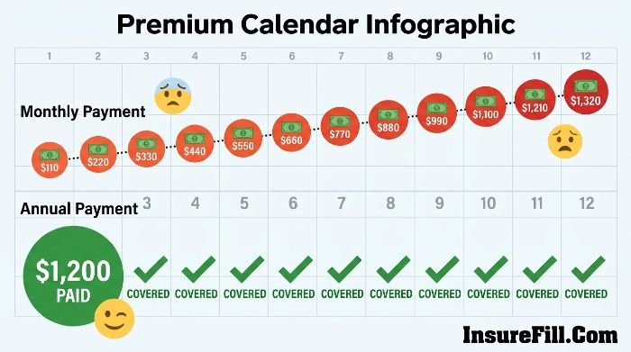 Calendar timeline showing twelve monthly insurance payments versus one annual payment with cost tracking